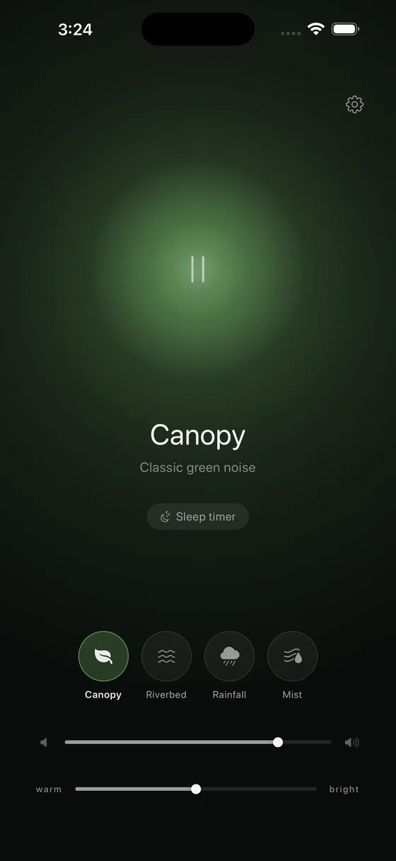 The Moss app on iPhone, playing the Canopy green noise texture