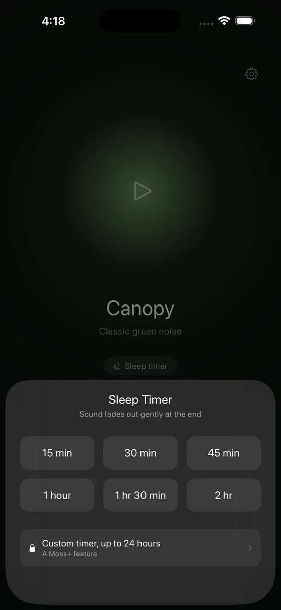 Moss sleep-timer screen, choosing a fade-out duration